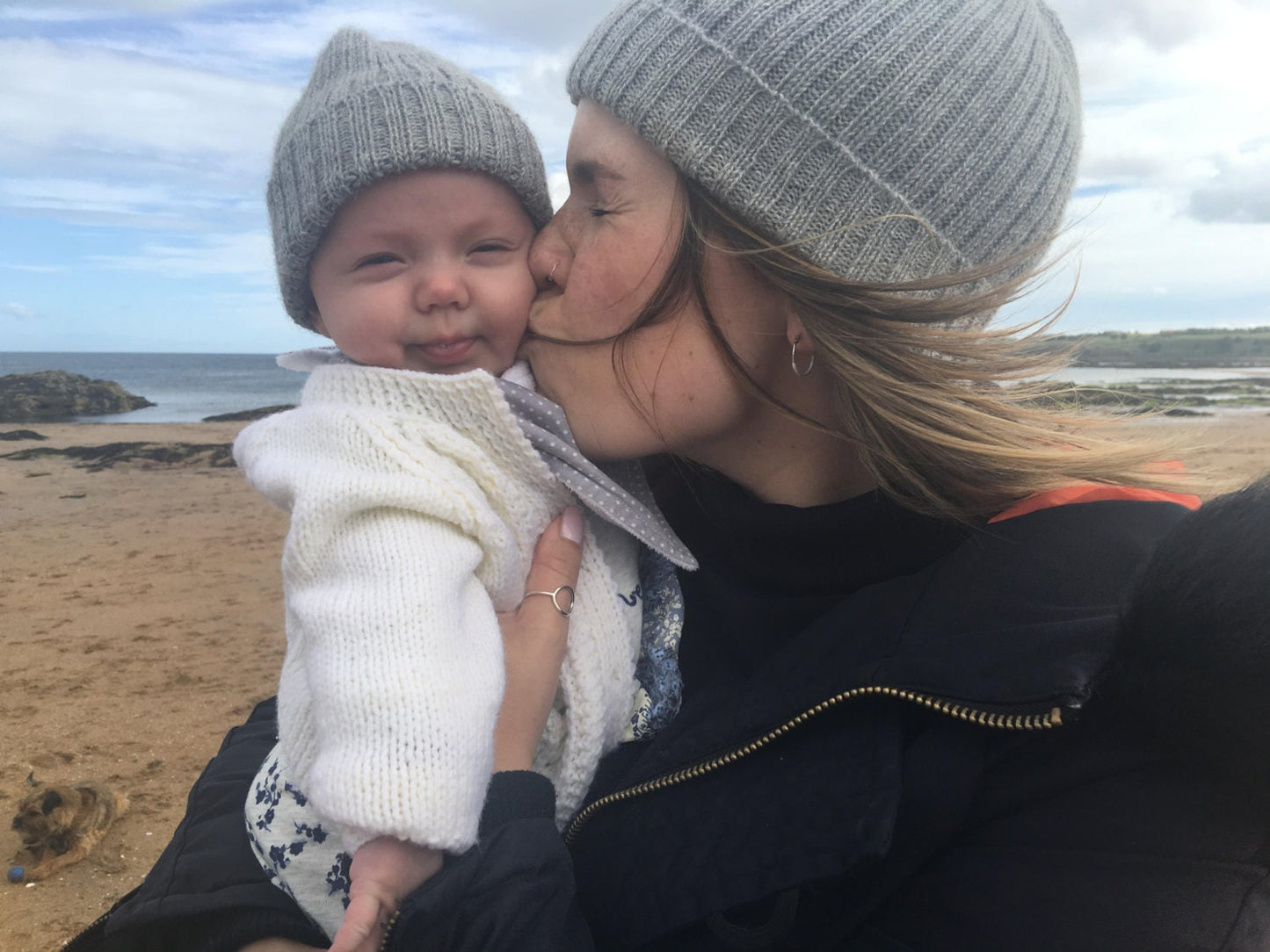 Light grey matching parent & child beanie set of 2 hats. 100% Alpaca - Handcrafted in Scotland. Twinning knitted watch caps.