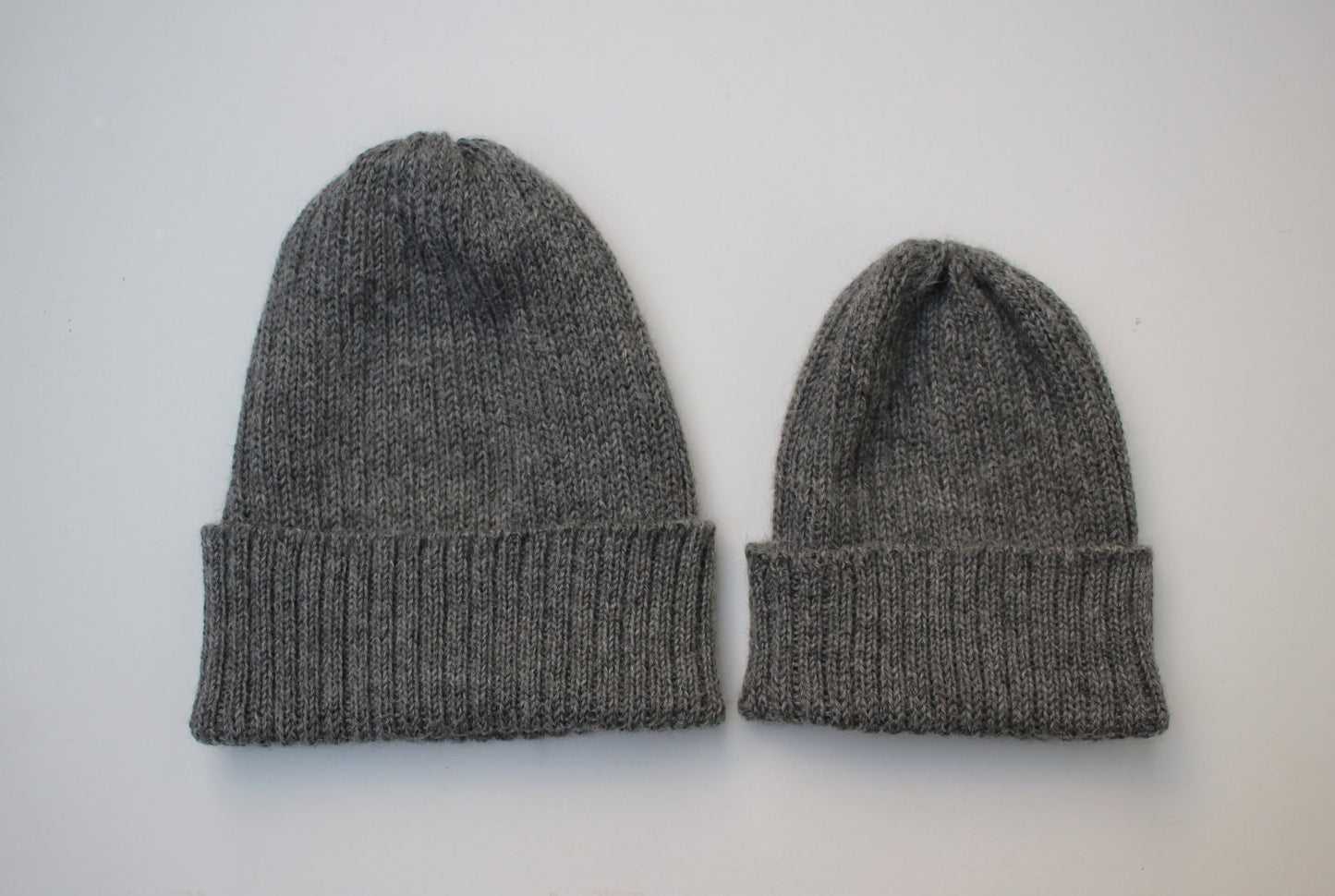 Medium grey matching parent & child beanie set of 2 hats. 100% Alpaca - Handcrafted in Scotland. Twinning Knitted Watch Caps.