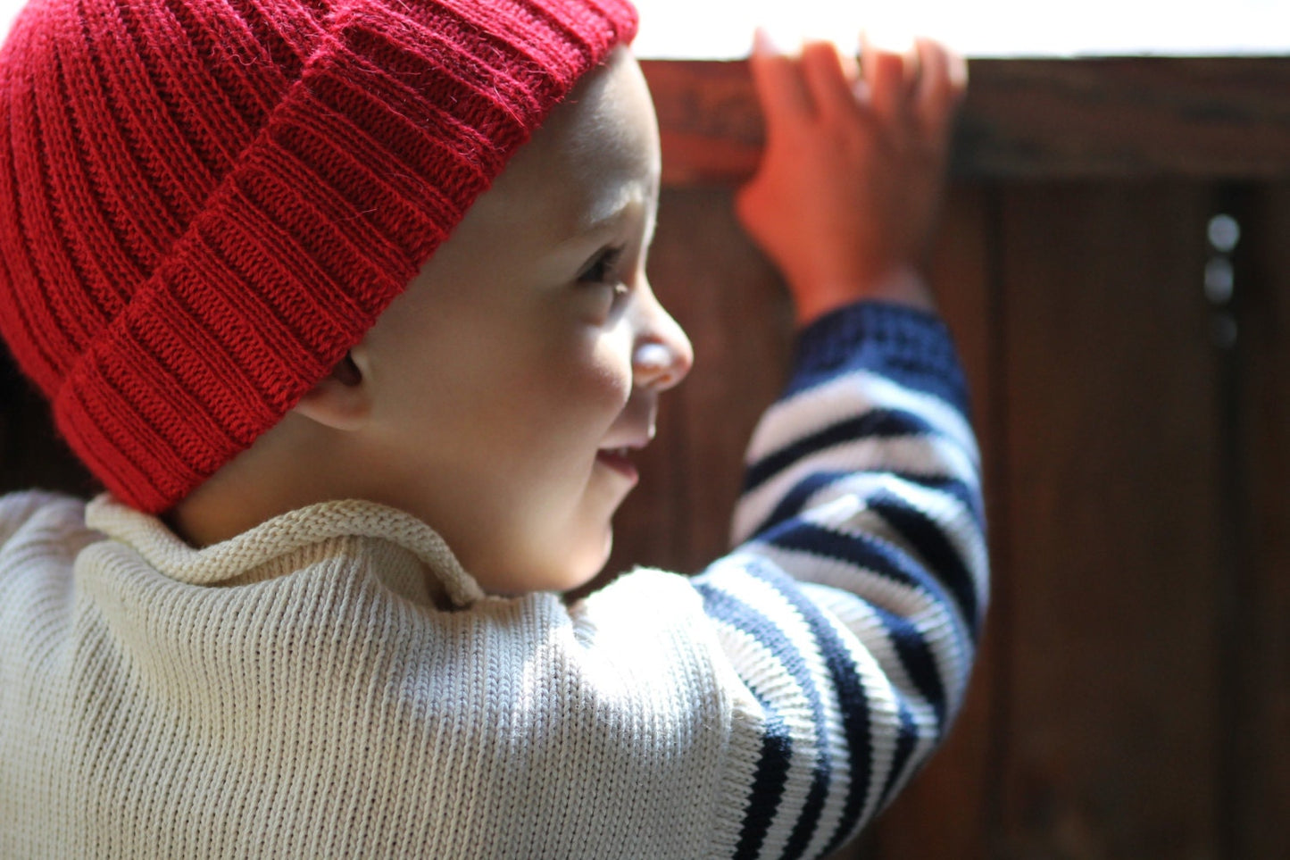 Red Zissou Style Beanie Hat for Babies & Children. 100% Alpaca. Handcrafted in Scotland. Knitted children's watch cap/ fisherman's beanie.