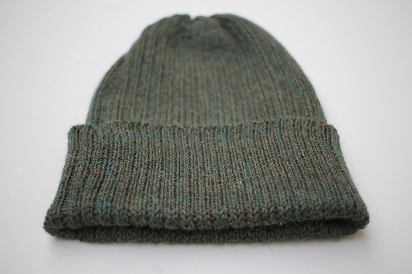 Moss Green Beanie for Adults. 100% Alpaca - Handcrafted in Scotland. Knitted unisex 2 x 2 ribbed fisherman's beanie/ watch cap.