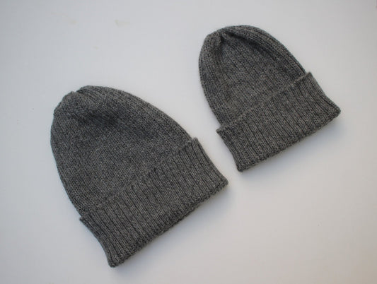 Medium grey matching parent & child beanie set of 2 hats. 100% Alpaca - Handcrafted in Scotland. Twinning Knitted Watch Caps.