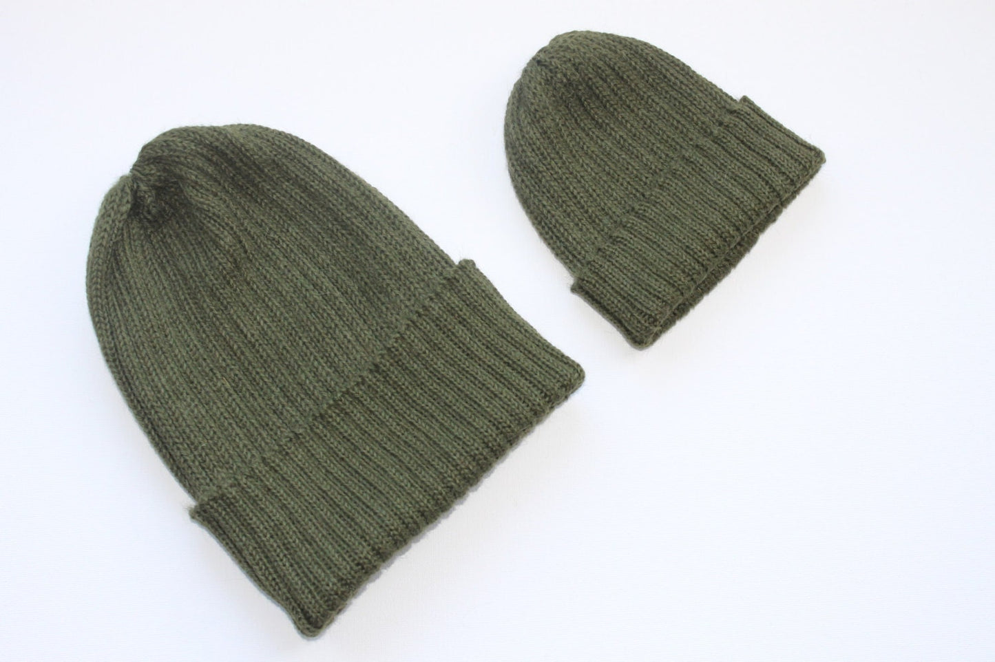 Forest Green matching parent & child beanie set of 2 hats. 100% Alpaca - Handcrafted in Scotland. Twinning knitted watch caps.