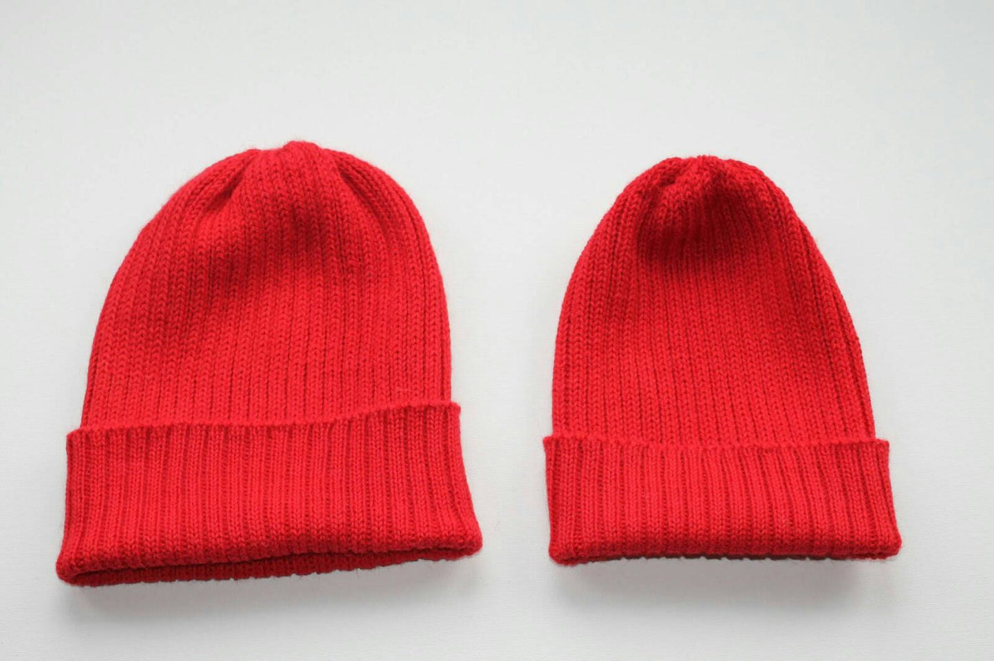 Red matching parent & child set of 2 beanie hats. 100% Alpaca - Handcrafted in Scotland. Knitted watch caps. Team Zissou fisherman's beanies