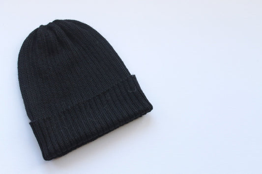 Black Beanie Hat for Adults. 100% Alpaca - Handcrafted in Scotland. Knitted unisex 2 x 2 ribbed fisherman's beanie/ watch cap