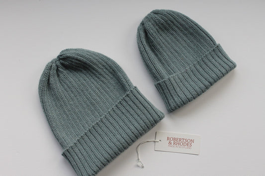 Duck Egg Parent & Child Unisex Beanie Set of 2 hats. 100% Alpaca - Handcrafted in Scotland. Twinning knitted watch caps.