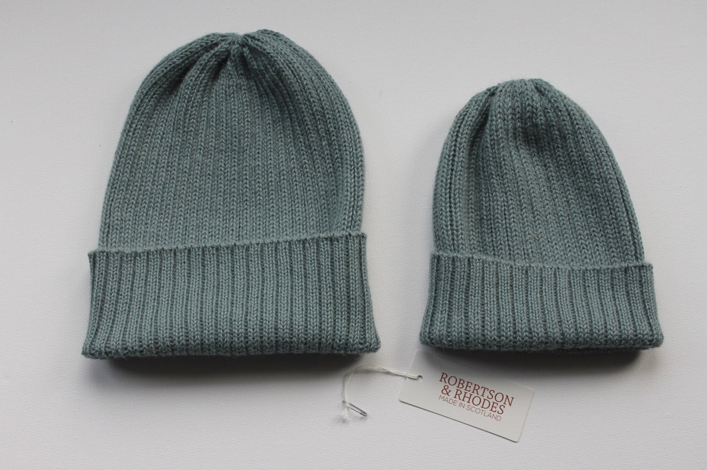 Duck Egg Parent & Child Unisex Beanie Set of 2 hats. 100% Alpaca - Handcrafted in Scotland. Twinning knitted watch caps.