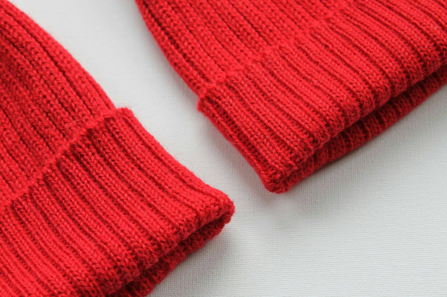 Red matching parent & child set of 2 beanie hats. 100% Alpaca - Handcrafted in Scotland. Knitted watch caps. Team Zissou fisherman's beanies