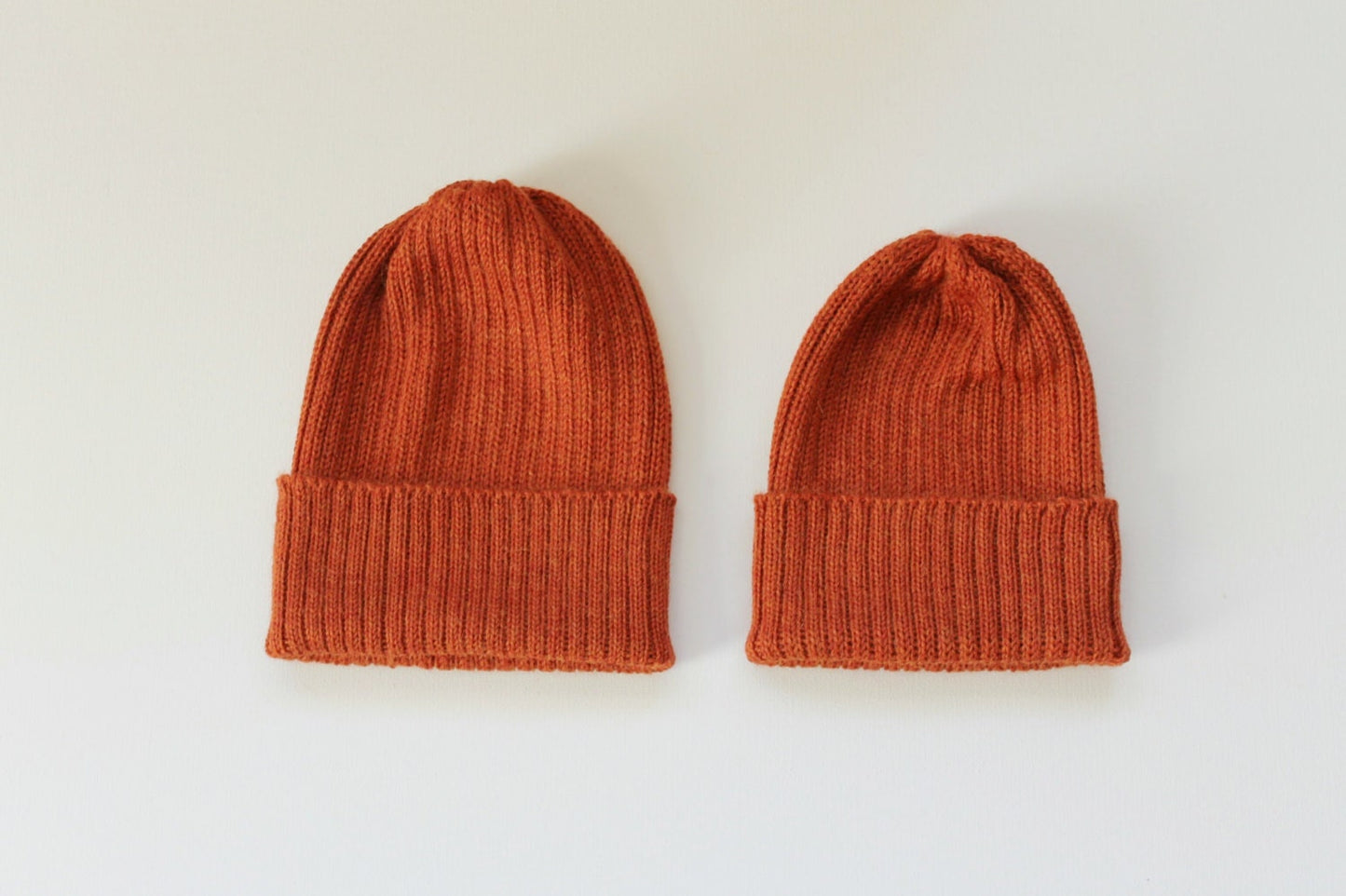 Rust/ Burnt Orange Coloured Parent & Child Unisex Set of 2 Knitted Hats. 100% Alpaca - Handcrafted in Scotland. Twinning Watch Caps.