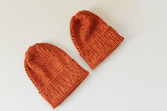 Rust/ Burnt Orange Coloured Parent & Child Unisex Set of 2 Knitted Hats. 100% Alpaca - Handcrafted in Scotland. Twinning Watch Caps.