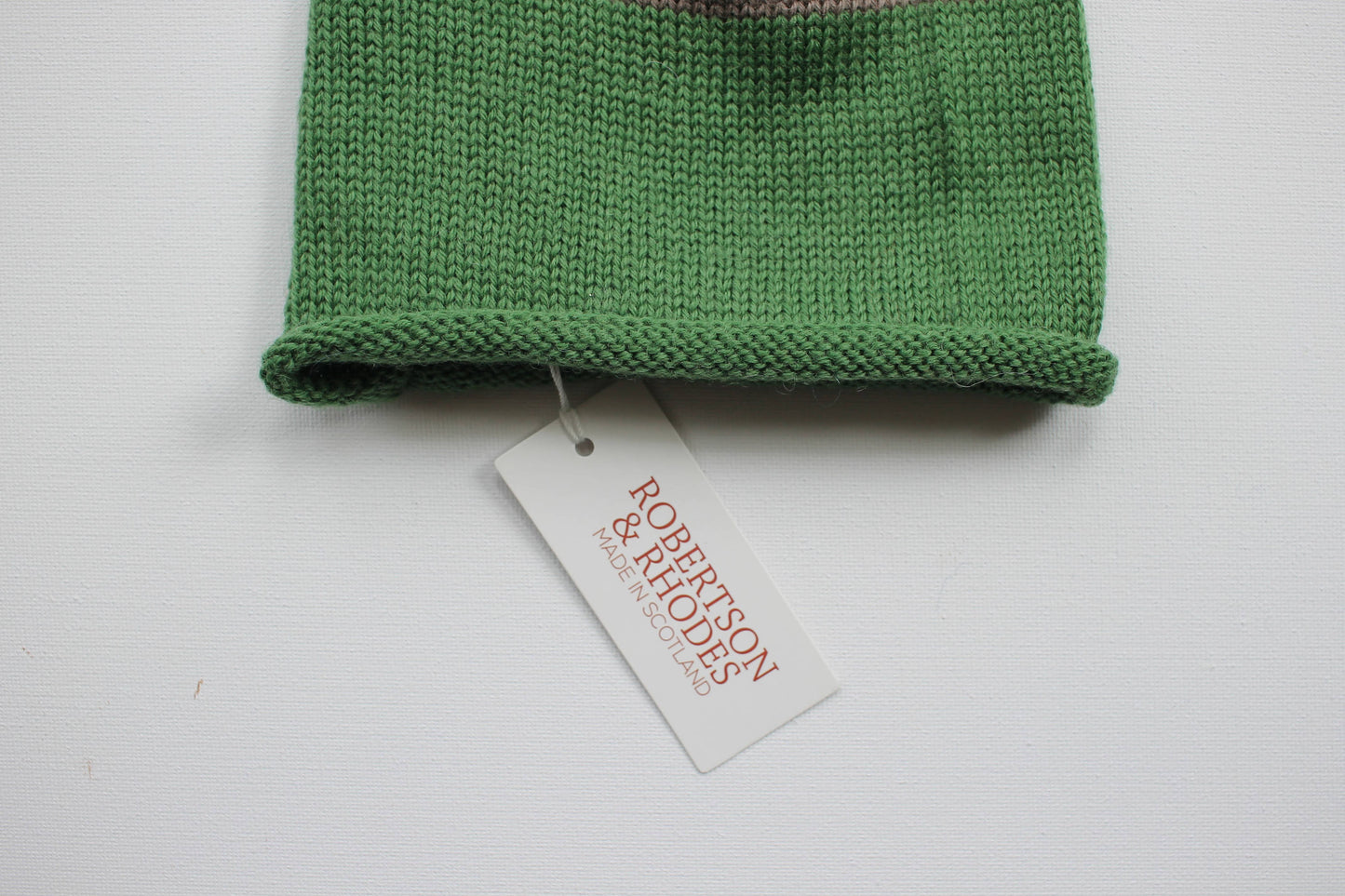 Green and brown knitted baby beanie hat made from 100% merino wool - Made in Scotland