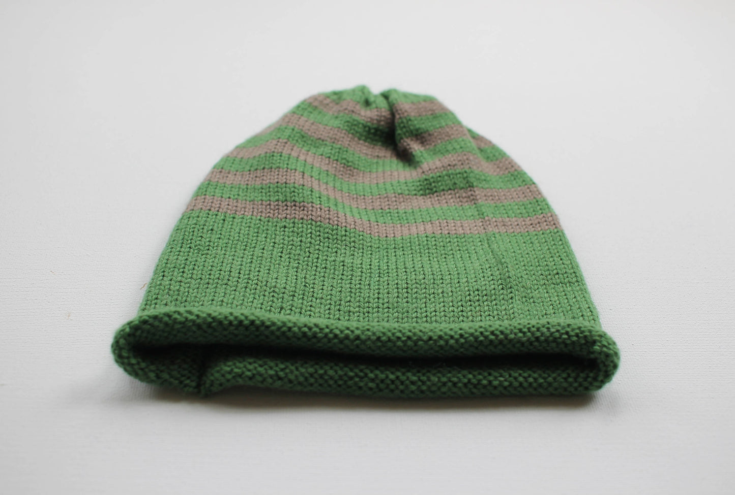 Green and brown knitted baby beanie hat made from 100% merino wool - Made in Scotland