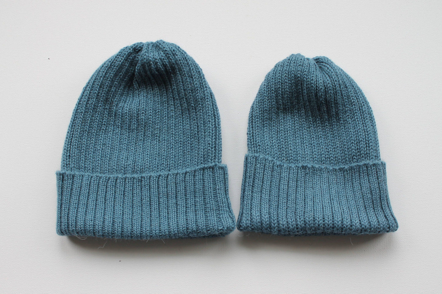 Light Petrol Coloured Parent & Child Unisex Set of 2 Knitted Hats. 100% Alpaca - Handcrafted in Scotland. Twinning Petrol Blue Watch Caps.