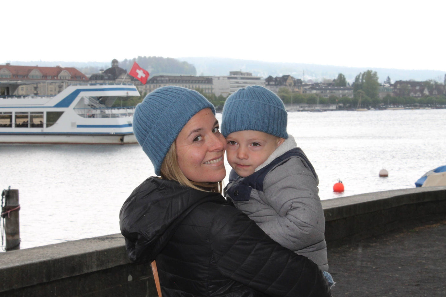 Light Petrol Coloured Parent & Child Unisex Set of 2 Knitted Hats. 100% Alpaca - Handcrafted in Scotland. Twinning Petrol Blue Watch Caps.