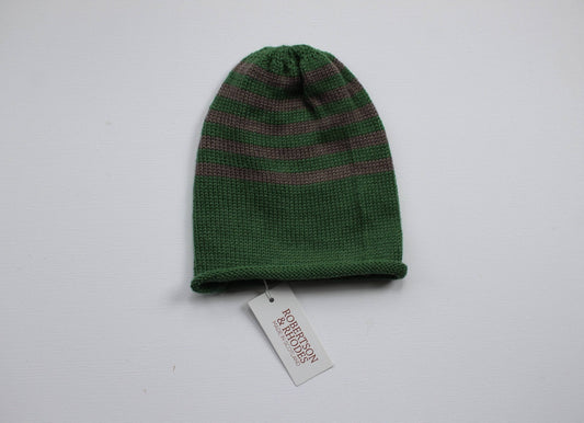 Green and brown knitted baby beanie hat made from 100% merino wool - Made in Scotland