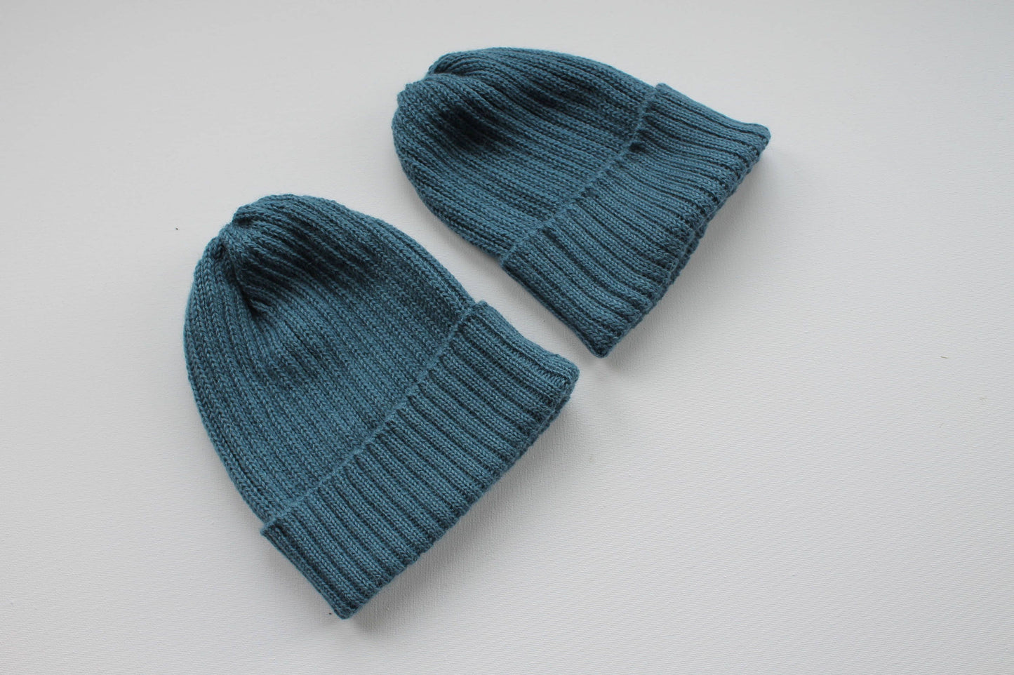 Light Petrol Coloured Parent & Child Unisex Set of 2 Knitted Hats. 100% Alpaca - Handcrafted in Scotland. Twinning Petrol Blue Watch Caps.