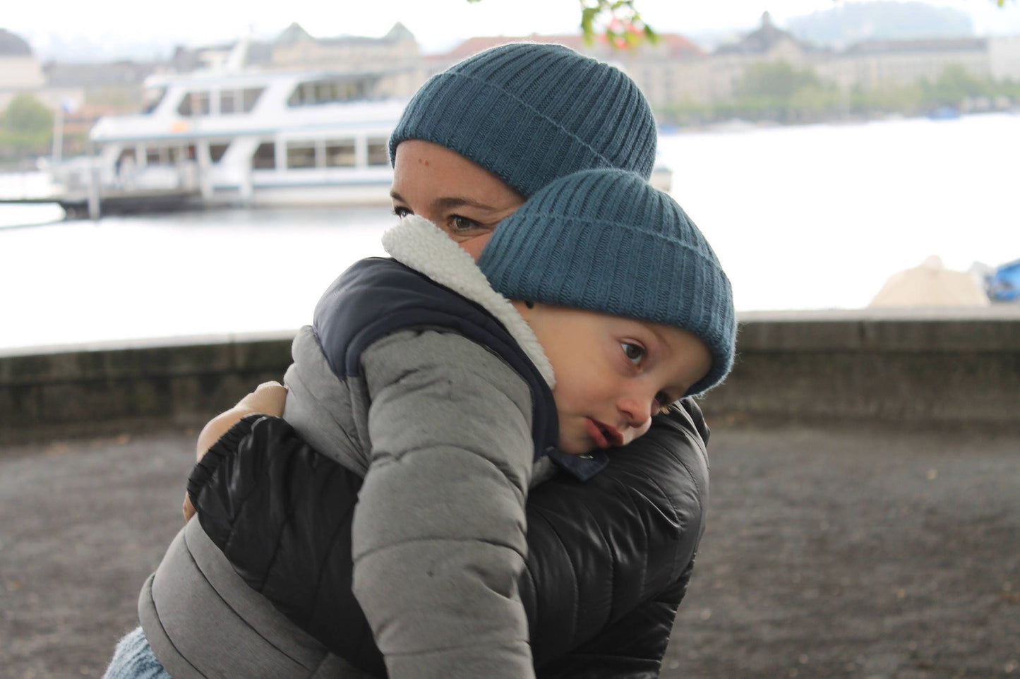 Light Petrol Coloured Parent & Child Unisex Set of 2 Knitted Hats. 100% Alpaca - Handcrafted in Scotland. Twinning Petrol Blue Watch Caps.