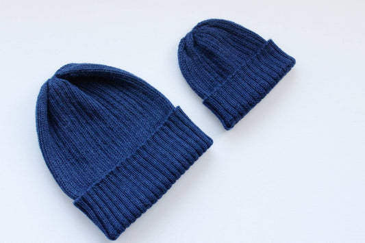 Navy blue matching parent & child beanie set of 2 hats. 100% Alpaca - Handcrafted in Scotland. Twinning beanies. Matching knitted watch caps