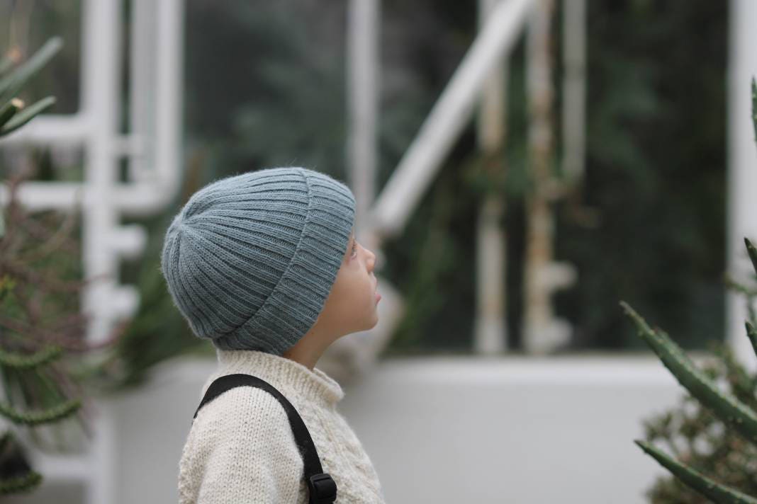 Duck egg knitted alpaca beanie hat for babies, toddlers and children. Handcrafted in Scotland. Unisex design. Newborn gift.