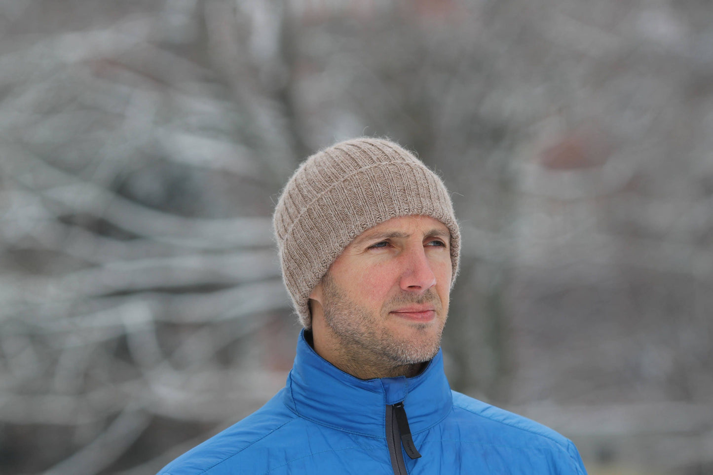 Cafe au lait Knitted Fisherman's Beanie Hat for Adults. Handcrafted in Scotland. Unisex oatmeal/ beige watch cap.