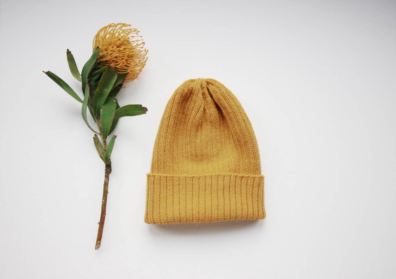 Mustard-Yellow Fisherman's Beanie Hat for Adults. 100% Alpaca