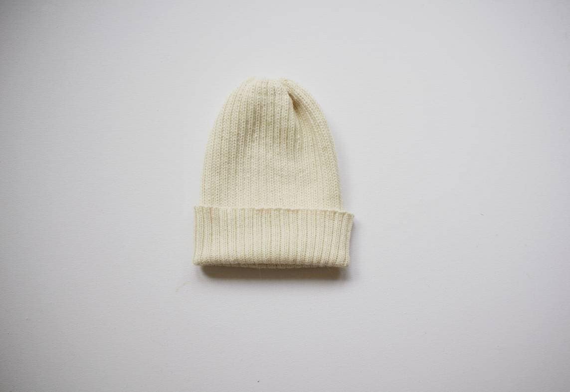 Ecru/ Off-White Fisherman's Beanie Hat for Adults. 100% Alpaca - Handcrafted in Scotland. Knitted unisex 2 x 2 watch cap.