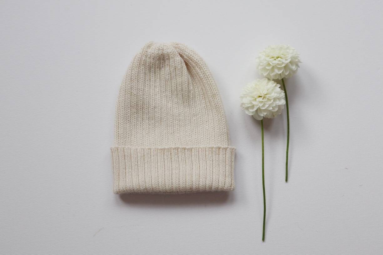 Ecru/ Off-White Fisherman's Beanie Hat for Adults. 100% Alpaca - Handcrafted in Scotland. Knitted unisex 2 x 2 watch cap.