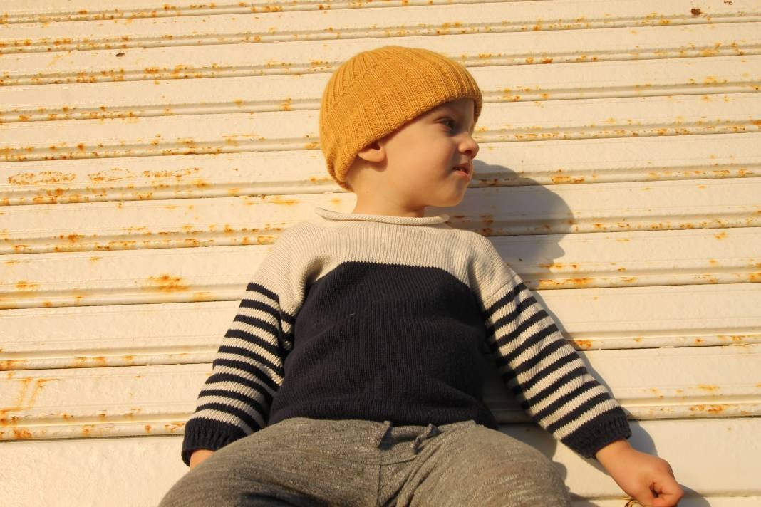 Mustard-Yellow knitted 100% alpaca beanie hat for babies, toddlers & children. Handcrafted in Scotland. Unisex watch cap.