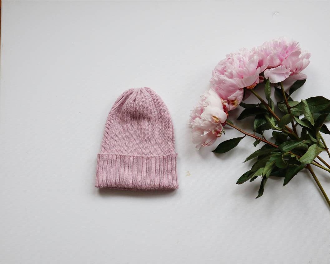 Dusty Pink Adult Beanie. 100% Alpaca - Handcrafted in Scotland. Knitted Unisex 2 x 2 ribbed beanie hat.