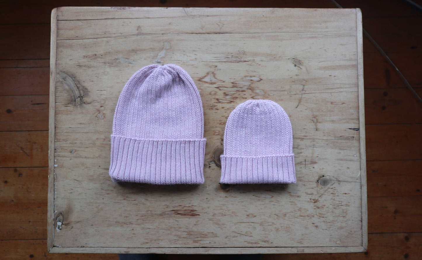 Dusty Pink matching parent & child beanie set of 2 hats. 100% Alpaca - Handcrafted in Scotland. Twinning knitted watch caps.