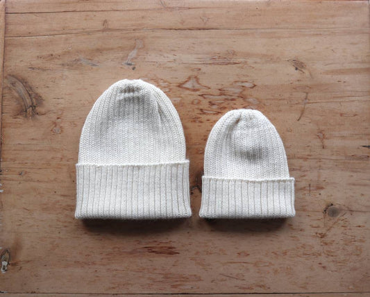 Ecru/ Off-White matching parent & child beanie set of 2 hats. 100% Alpaca - Handcrafted in Scotland. Twinning knitted watch caps.