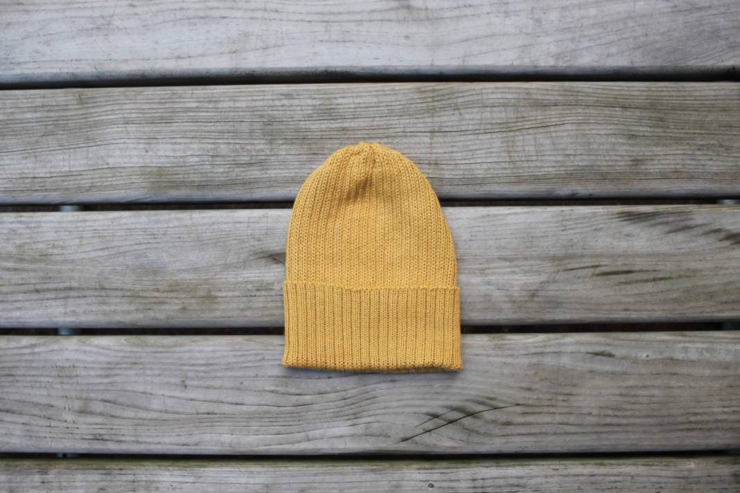 Mustard-Yellow knitted 100% alpaca beanie hat for babies, toddlers & children. Handcrafted in Scotland. Unisex watch cap.