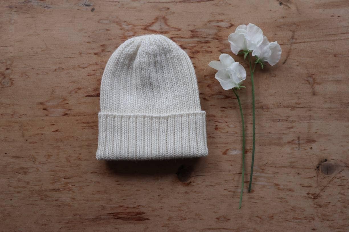 Ecru/ Off-White Fisherman's Beanie Hat for Adults. 100% Alpaca - Handcrafted in Scotland. Knitted unisex 2 x 2 watch cap.