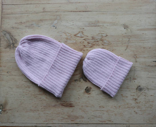 Dusty Pink matching parent & child beanie set of 2 hats. 100% Alpaca - Handcrafted in Scotland. Twinning knitted watch caps.