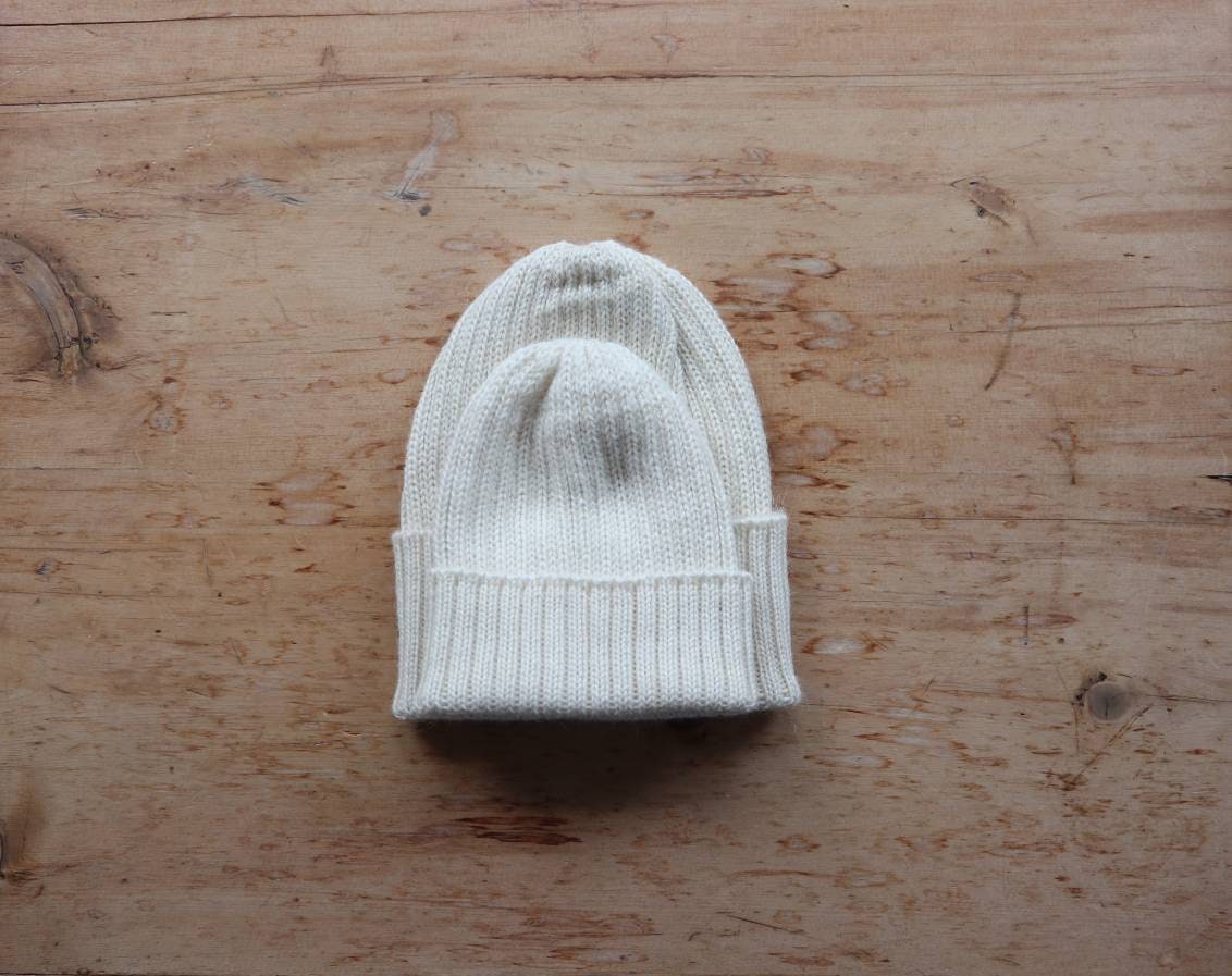 Ecru/ Off-White matching parent & child beanie set of 2 hats. 100% Alpaca - Handcrafted in Scotland. Twinning knitted watch caps.