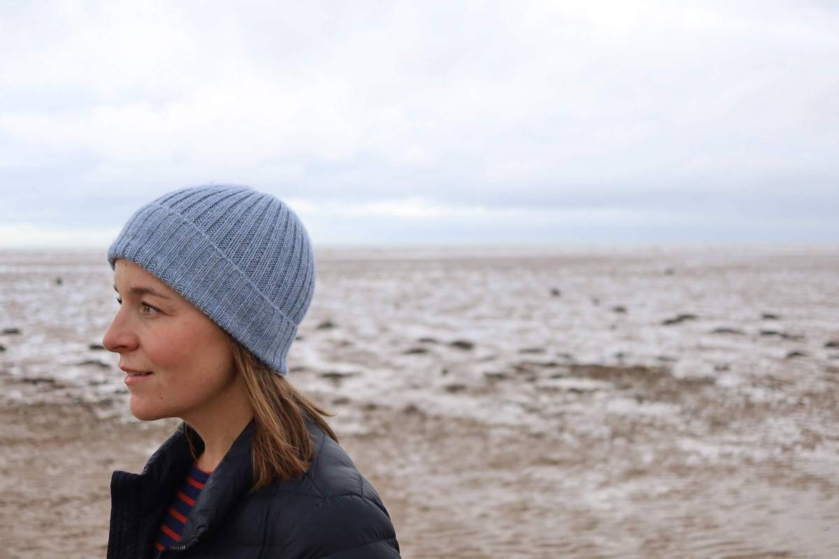 Fog / Light Blue Adult Beanie. 100% Alpaca - Handcrafted in Scotland. Knitted Unisex 2 x 2 ribbed beanie hat.