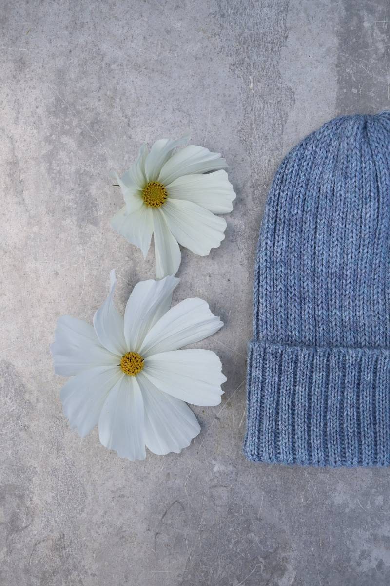 Fog / Light Blue Adult Beanie. 100% Alpaca - Handcrafted in Scotland. Knitted Unisex 2 x 2 ribbed beanie hat.