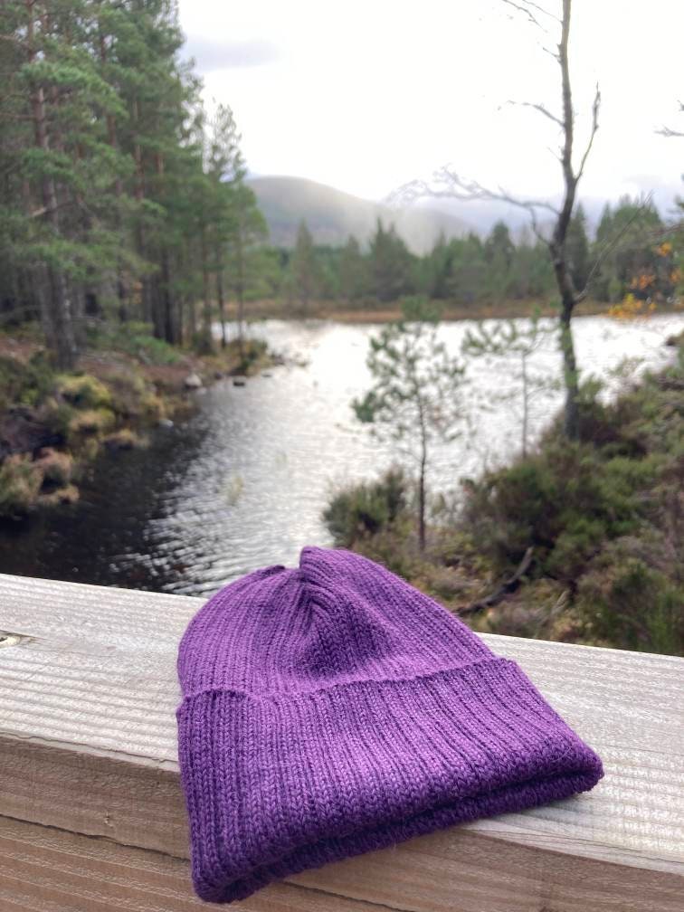 Dark Purple Knitted Beanie. 100% Alpaca - Handcrafted in Scotland. Knitted Alpaca Watch Cap/ Fisherman's Beanie