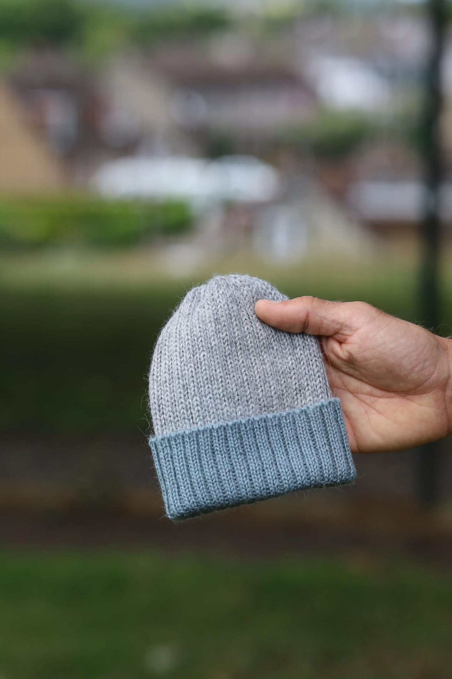 Duck egg and light grey Beanie Hat for Babies. 100% Alpaca. Handcrafted in Scotland. Knitted newborn watch cap/ fisherman's beanie.