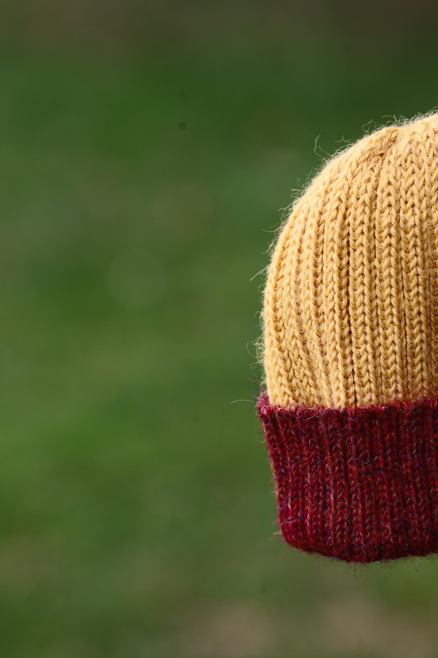 Mustard and maroon knitted 100% alpaca beanie hat for babies, toddlers & children. Handcrafted in Scotland. Unisex newborn watch cap.