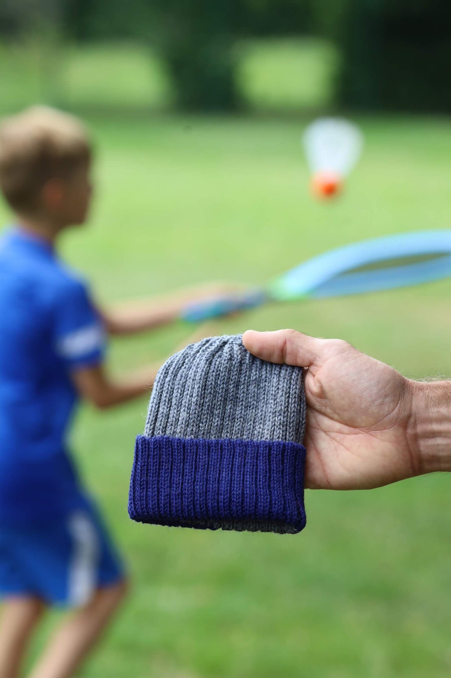 Medium grey/navy knitted 100% alpaca beanie hat for babies, toddlers & children. Handcrafted in Scotland. Unisex newborn watch cap.