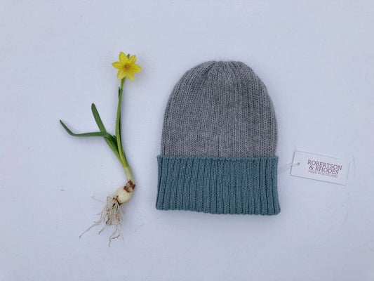 Light Grey and Duck Egg Unisex Beanie Hat. 100% Alpaca - Handcrafted in Scotland. Knitted Alpaca Watch Cap/ Fisherman's Beanie