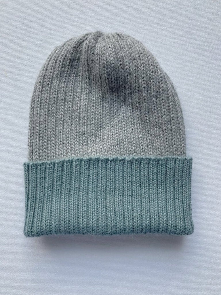 Light Grey and Duck Egg Unisex Beanie Hat. 100% Alpaca - Handcrafted in Scotland. Knitted Alpaca Watch Cap/ Fisherman's Beanie