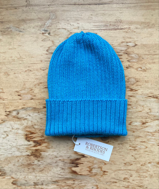 Turquoise Coloured Beanie Hat for Adults. 100% Alpaca - Handcrafted in Scotland. Knitted unisex 2 x 2 ribbed watch cap.