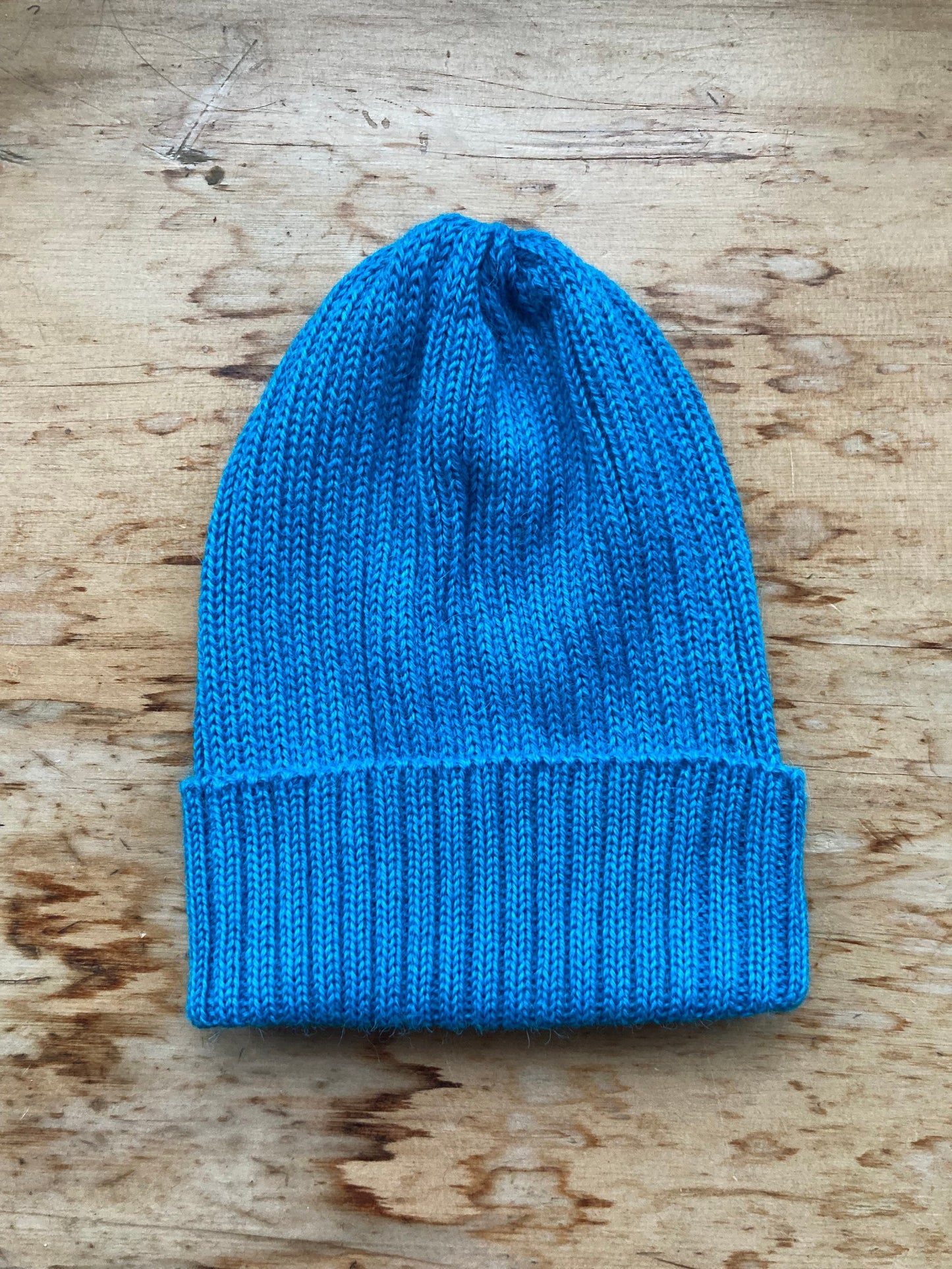 Turquoise Coloured Beanie Hat for Adults. 100% Alpaca - Handcrafted in Scotland. Knitted unisex 2 x 2 ribbed watch cap.