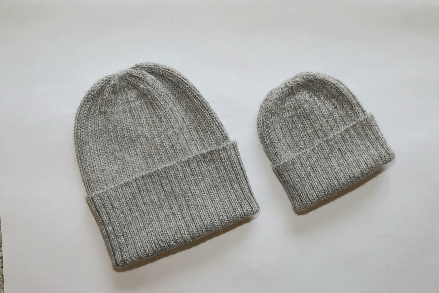 Light grey matching parent & child beanie set of 2 hats. 100% Alpaca - Handcrafted in Scotland. Twinning knitted watch caps.