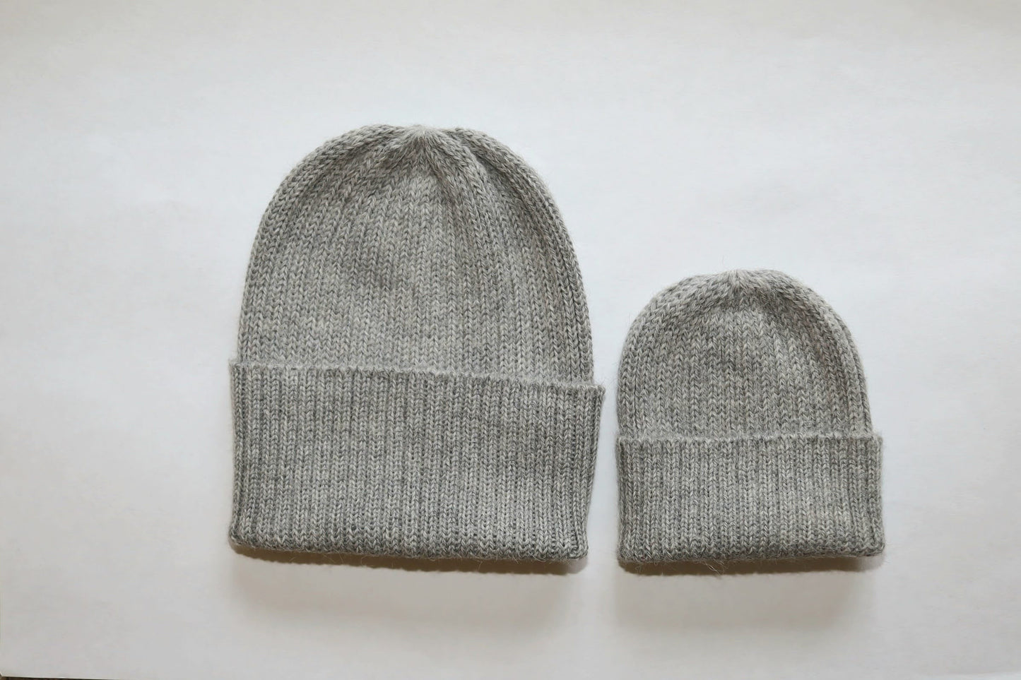 Light grey matching parent & child beanie set of 2 hats. 100% Alpaca - Handcrafted in Scotland. Twinning knitted watch caps.