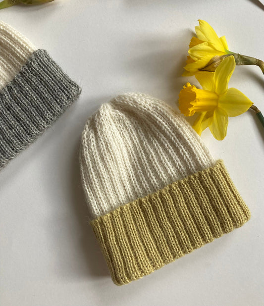 Lemon/ecru knitted 100% alpaca beanie hat for babies.  Handcrafted in Scotland. Unisex lemon/ecru watch cap.