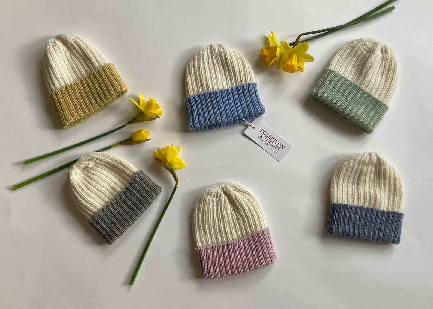 Lemon/ecru knitted 100% alpaca beanie hat for babies.  Handcrafted in Scotland. Unisex lemon/ecru watch cap.