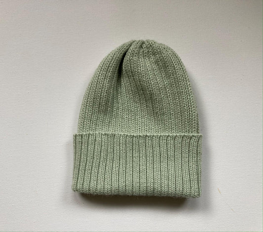 Pistachio green Unisex Adult Beanie Hat. 100% Alpaca - Handcrafted in Scotland. Knitted Grey Watch Cap/ Fisherman's Beanie