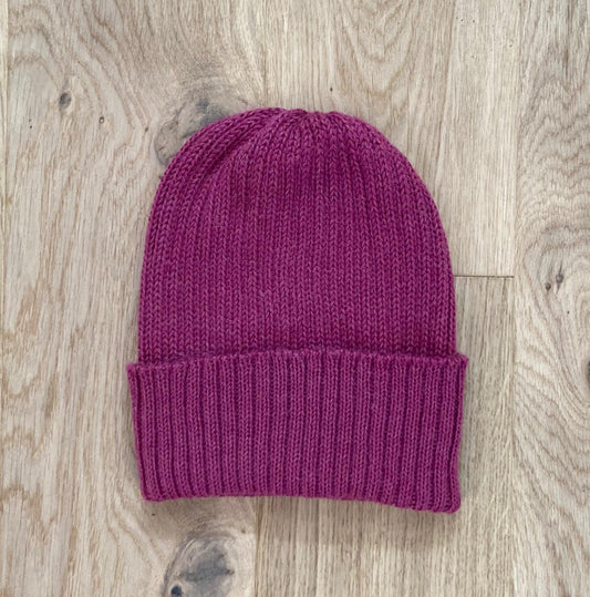 Bright Pink Adult Beanie. 100% Alpaca - Handcrafted in Scotland. Knitted Unisex 2 x 2 ribbed beanie hat.